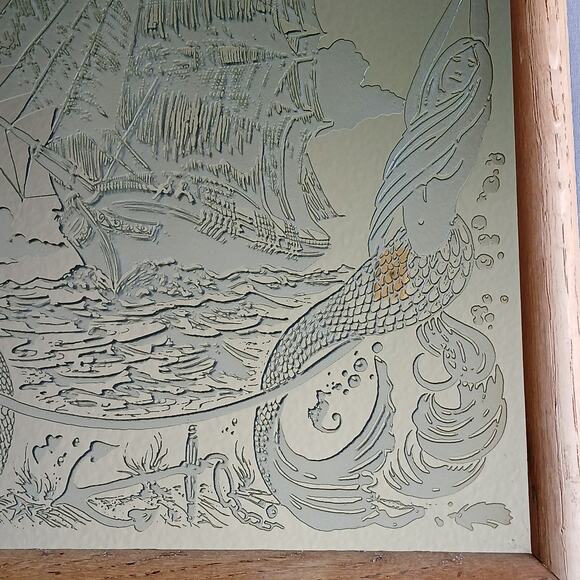 Vintage Etched Glass Framed Mirror Sailing Ship Mermaids MCM 19" H x 13" W - Picture 7 of 11